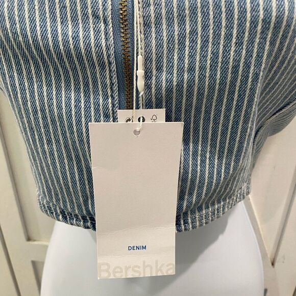 Bershka Strap Detail PinstripesBlue Denim  Zip Up Crop Top In Size Large - Picture 9 of 17